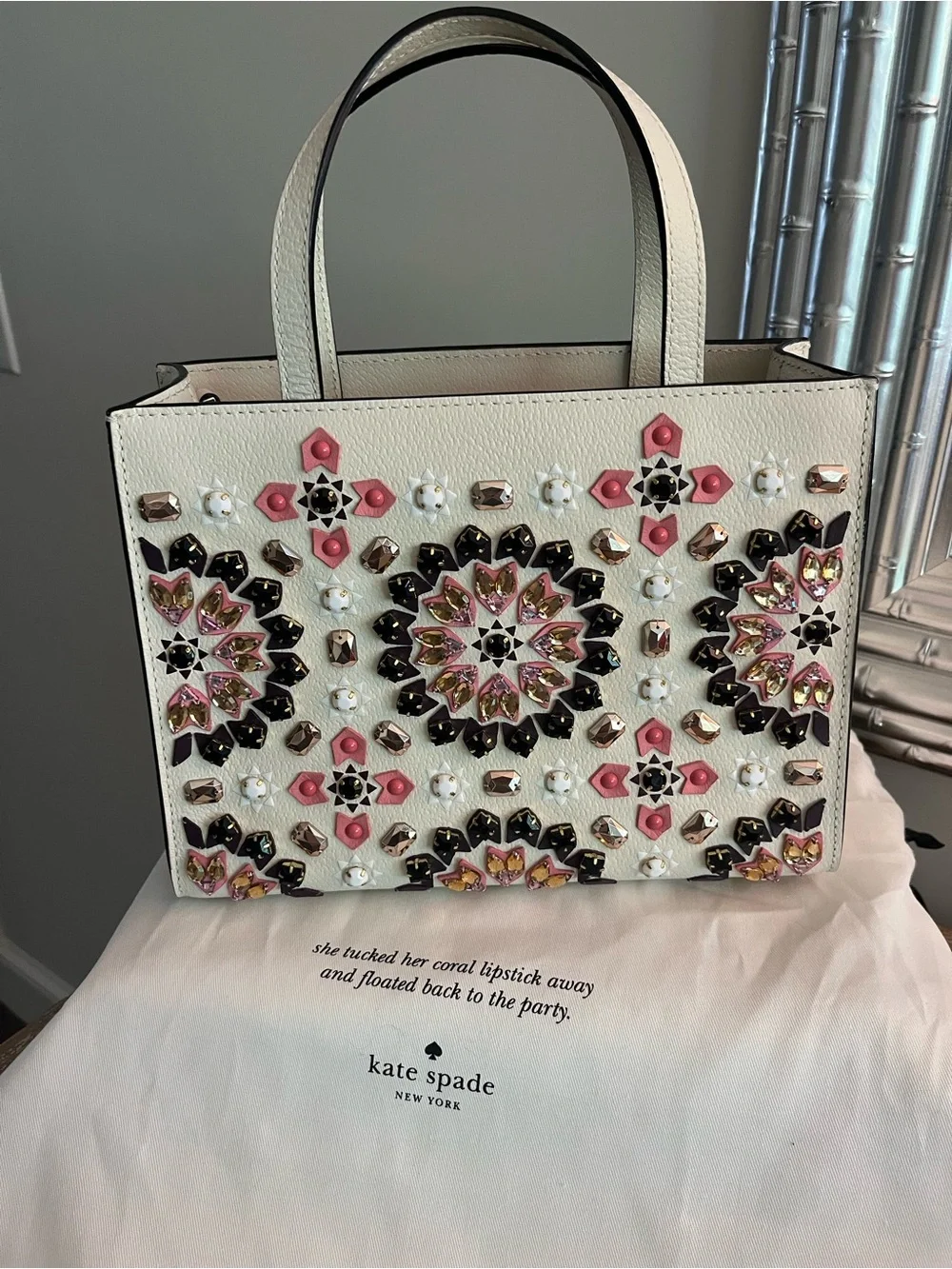 kate spade Cream leather Tote with Pink & Black sparkle Studded embellishment!
